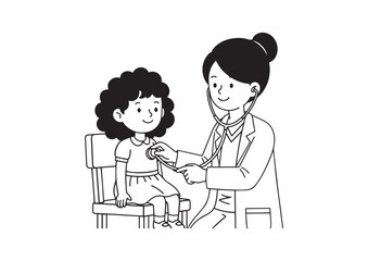 Cartoon Illustration of Curly-Haired Girl Having General Check-Up with Female Doctor, Clean Style, No Background