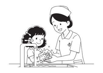 Cartoon Illustration of Curly-Haired Girl Washing Hands with Female Nurse, Clean Style, No Background