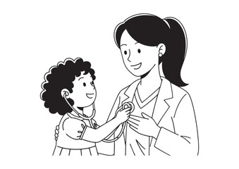 Cartoon Illustration of Curly-Haired Girl Playing Doctor Using Stethoscope on Female Doctor, Clean Style, No Background