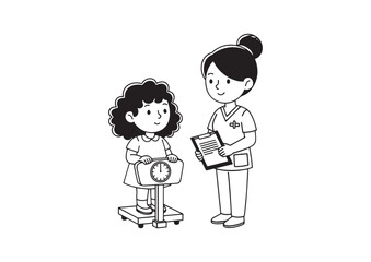 Cartoon Illustration of Curly-Haired Girl Standing on Weighing Scale with Female Nurse, Clean Style, No Background