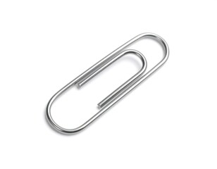 A metallic paperclip, shiny and smooth, isolated on white