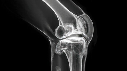 Knee joint X-ray image, black and white, showcasing skeletal structure
