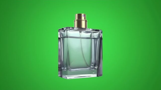 Elegant Clear Glass Perfume Bottle with Golden Sprayer on Vibrant Green Background, Isolated for Product Design and Advertising