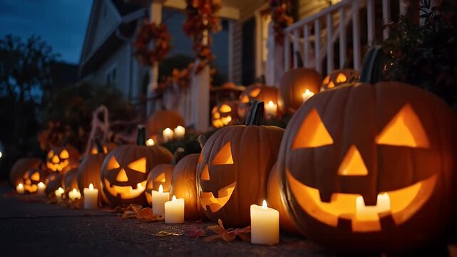 Festive halloween pumpkin and candle display on porch at dusk