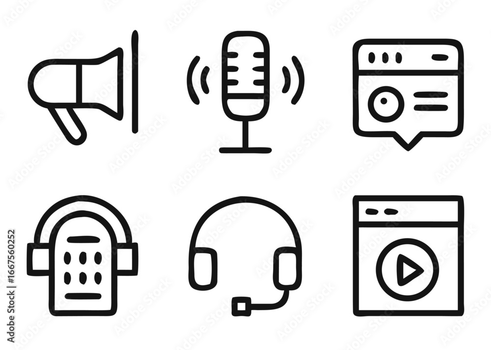 Poster a comprehensive collection of podcasting graphic elements featuring a microphone icon with adaptable