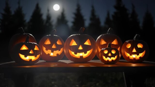 Carved pumpkins with glowing faces under a full moon at night