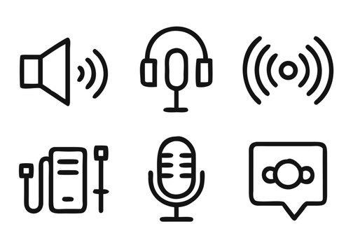 Modern podcast audio recording microphone icon set with adjustable stroke thickness for digital media applications
