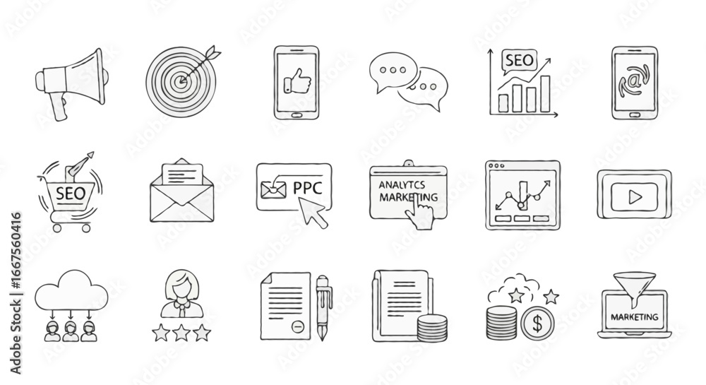Poster vector icon set in outline style, simple black lines with no color fill | include digital marketing 