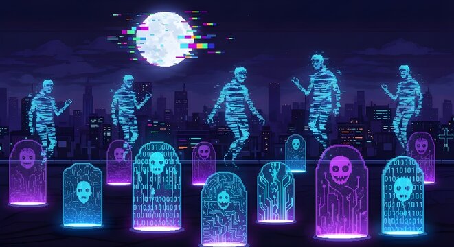 Halloween Neon Cemetery - Rising Skeletons, Cyberpunk Graveyard, Pixel Art Horror, Futuristic Skull, Digital Spooky, Night Scene, Terror - Powered by Adobe