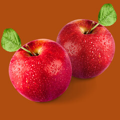 Two fresh red apples with water droplets and green leaves