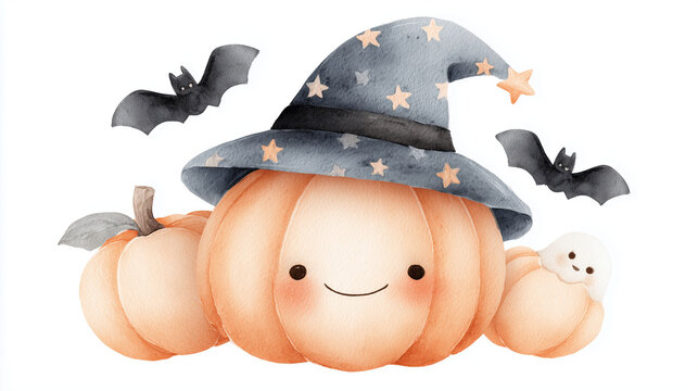 hand drawn watercolor of halloween pumpkin with witch hat isolate on white background,Halloween design elements with jack-o-lantern bat ghost