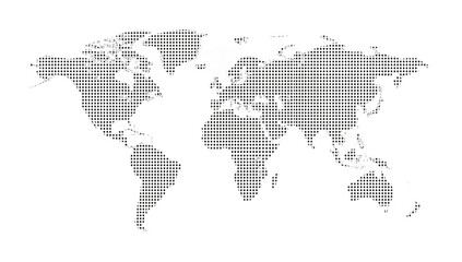 World map illustration composed of small gray dots on a white background, showing continents and landmasses.