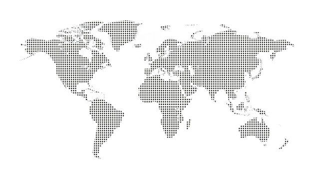 World map illustration composed of small gray dots on a white background, showing continents and landmasses.
