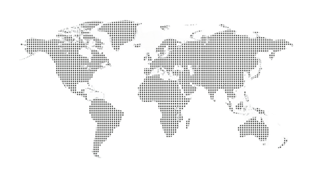 World map illustration composed of small gray dots on a white background, showing continents and landmasses.