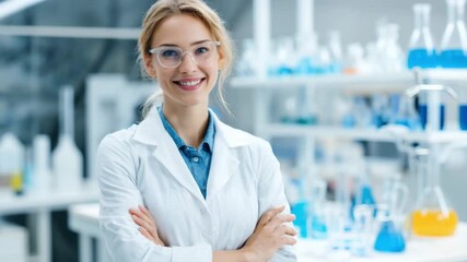 In a well-equipped laboratory, a scientist with glasses stands smiling, arms crossed. The lab is organized and features various glassware and equipment, showcasing research activity. - Powered by Adobe