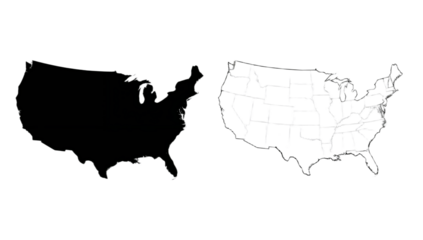 Two contrasting black and white outlines of the United States of America, one filled, one not.