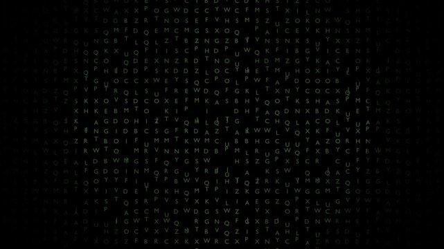 A futuristic abstract motion background featuring random characters and letters appearing on a dark digital screen