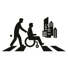 Caring silhouette of person assisting wheelchair user across city street crosswalk with urban buildings background 