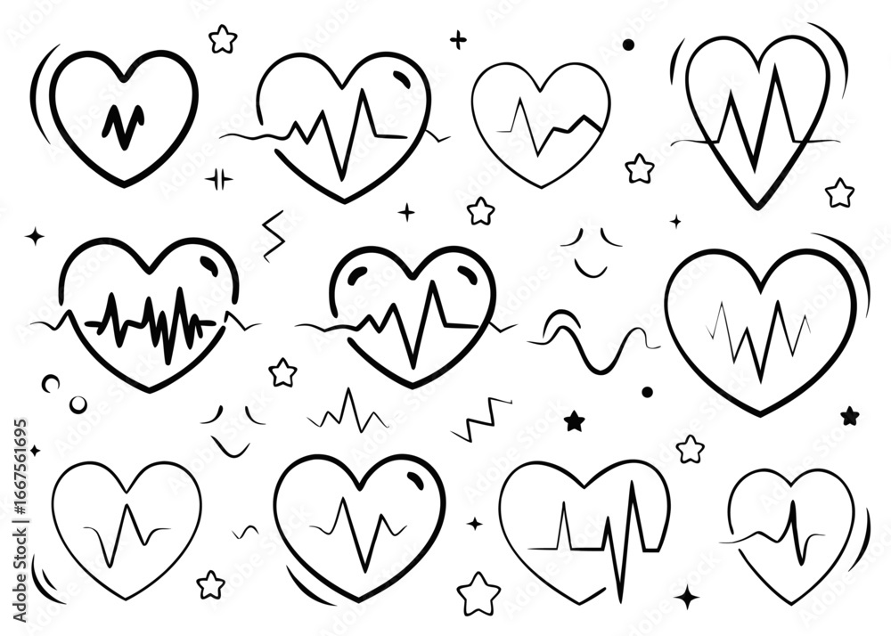Poster a vibrant collection of red heartbeat lines and a central heart symbol in multiple colors including 