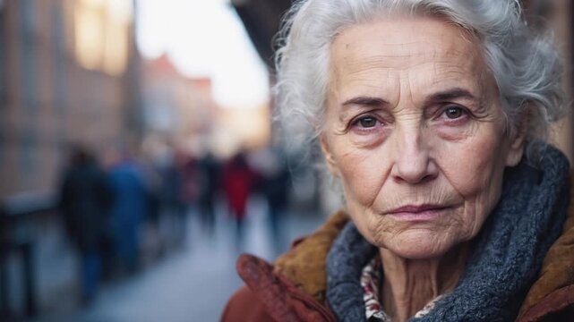 An emotive video of an older woman with gentle eyes and wrinkled skin, her gray hair framing a thoughtful expression. 