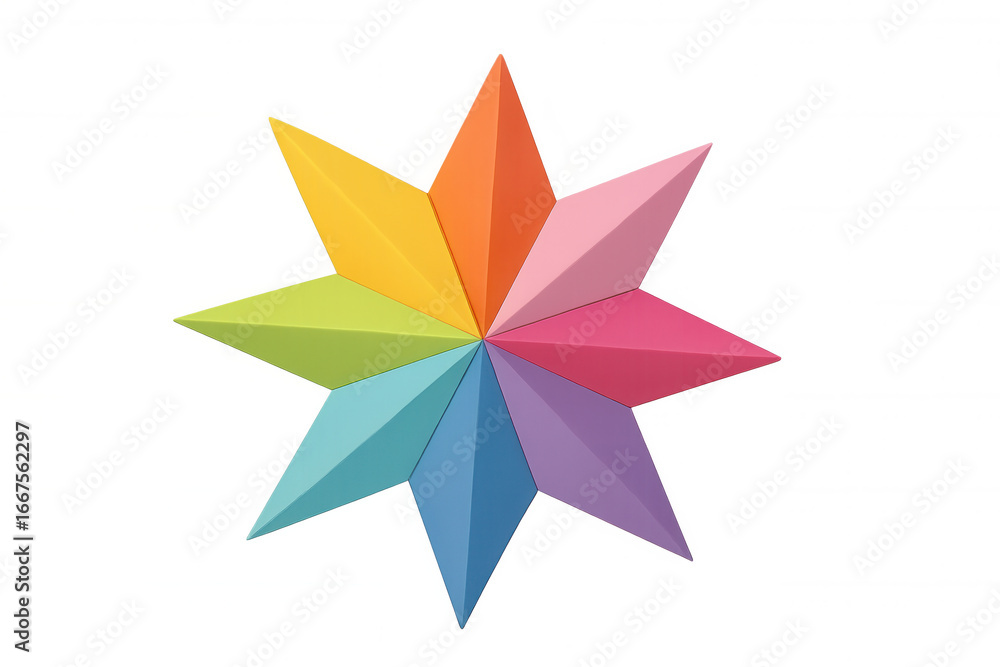 Poster rainbow star glowing with eight sharp points, spreading colorful light against transparent surface, 