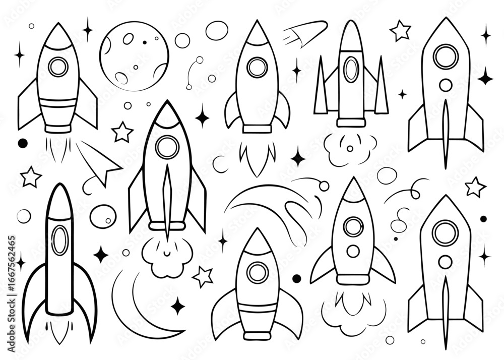 Poster comprehensive collection of rocket silhouettes for startup and space exploration themes featuring bo