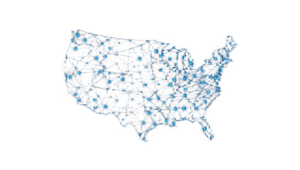 Network map of the United States, showing interconnected nodes across the country.