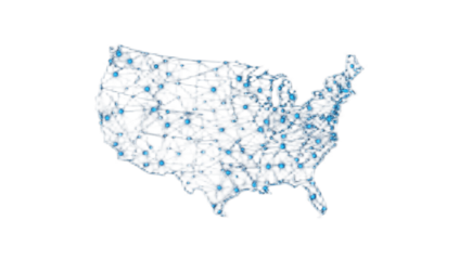 Network map of the United States, showing interconnected nodes across the country.
