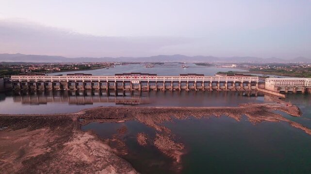 Aerial photography of the Qingyuan Hub Water Conservancy Project on the Beijiang River in Guangdong during the dry season