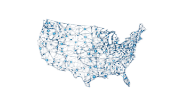 A stylized map of the United States, highlighting cities and connections with lines.