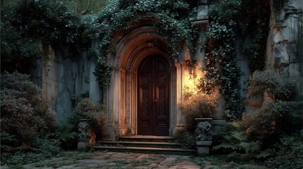 Haunted gothic door haunted gothic door haunted gothic door overgrown ivy mysterious entrance with lantern light fantasy castle ruins