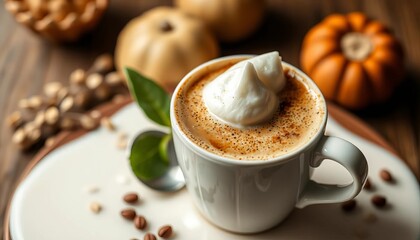 Fluffy vegan dalgona coffee atop creamy oat milk,  healthy,  beverage