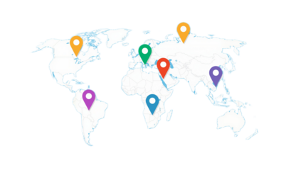World map illustration with colorful location pins indicating various points around the globe.