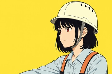 ヘルメットを被った若い女性作業員のイラスト、黄色の背景
