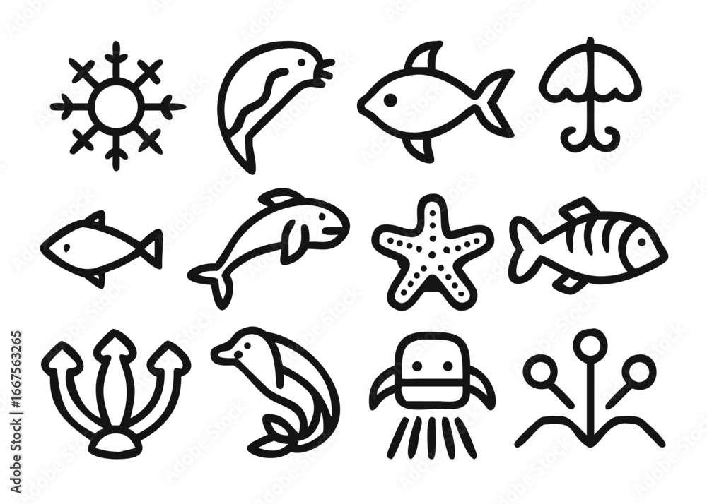 Poster collection of marine life graphics featuring diverse aquatic creatures with customizable stroke thic