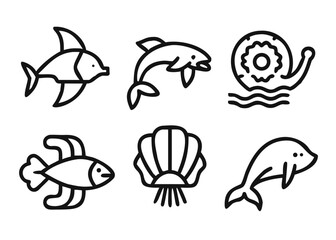 Fototapeta premium Collection of marine life graphics featuring diverse ocean creatures with adaptable stroke thickness for various design applications