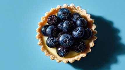 Blueberry tartlet, light pastry crust filled with custard, topped with fresh blueberries, dusted with powdered sugar