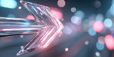 Glossy, crystalline arrow moving forward through a field of soft, colorful bokeh