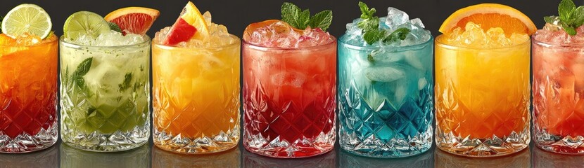 Colorful cocktails in ornate glasses