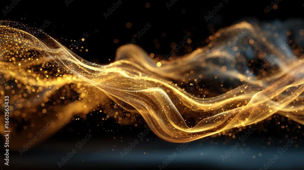 Poster a stunning display of swirling golden light forms intricate patterns against a dark background, ench