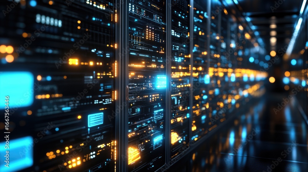 Poster a close-up view of a modern data center featuring rows of servers with vibrant blue and orange light