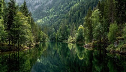 Serene alpine lake nestled in lush valley