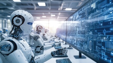 A futuristic scene depicting humanoid robots working at computers in a modern office environment. The robots engage with digital screens displaying advanced data and analytics.