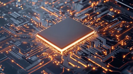 A close-up view of a modern microprocessor on a circuit board, showcasing intricate details and glowing connections