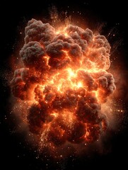 Fiery explosion, dense clouds of orange-red smoke