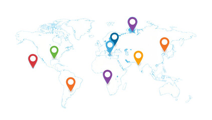 World map with colored location markers highlighting various global points.
