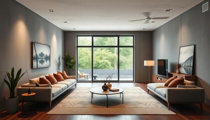 Sleek minimalist living room with concrete accents and natural wood furniture,  design,  scandi