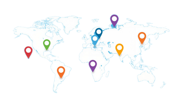 World map with colored location markers highlighting various global points.