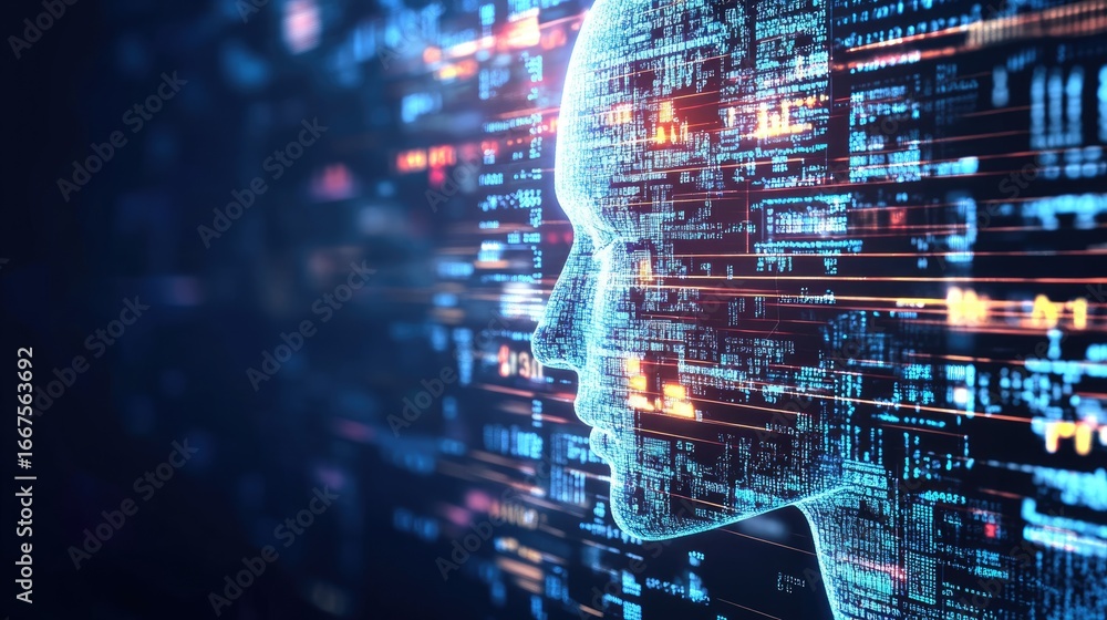 Poster a futuristic representation of artificial intelligence, showcasing a digital face overlayed with vib