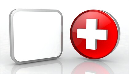 Obraz premium 3D rendered image of a blank square button and a red circular plus sign